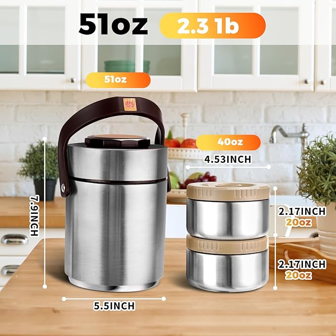 51 oz Adults Stainless Steel Vacuum Insulated Wide Mouth Soup Food Thermo Hot Food Jar with Keep Thermal Portable 2 Tier Stackable Bento Hot Food Containers Lunch Boxes (51 oz Silver)