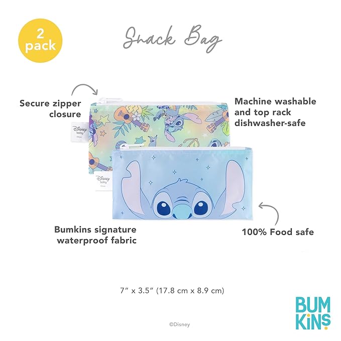 Bumkins Reusable Snack Bags, for Kids School Lunch and for Adults Portion, Washable Fabric, Waterproof Cloth Zip Bag, Supplies Travel Pouch, Food-Safe Storage, 2-pk Disney Stitch