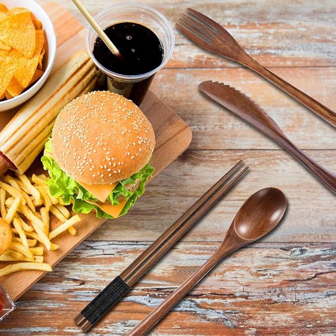 Wooden Utensil Flatware Set Reusable Utensils Travel Cutlery Set for Eating with Case, 10 Pcs Wooden Spoon and Fork Set Bamboo Flatware Set with Wooden Knife, Fork, Spoon, Chopsticks, Straws and Brush