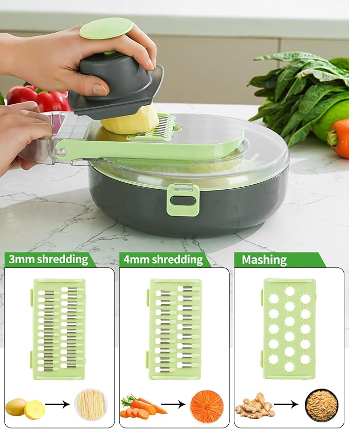 Vegetable Chopper Kitchen Vegetable Slicer & Spiralizer,Manual Mandolin Slicer,Potato Slicer Veg Cutter Salad Julienne,Food Container All in ONE Slicer (Green)