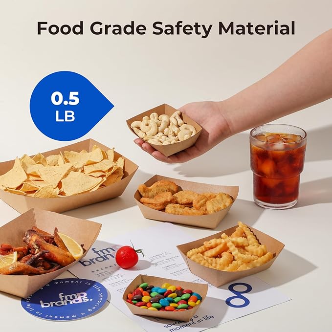 Fit Meal Prep [250 Pack 0.5 lb Paper Food Boats Heavy Duty Disposable Food Trays, Kraft Brown Nacho Tray for Parties Fairs Picnics Carnivals, Holds Sause Candies Nut Grease Resistant