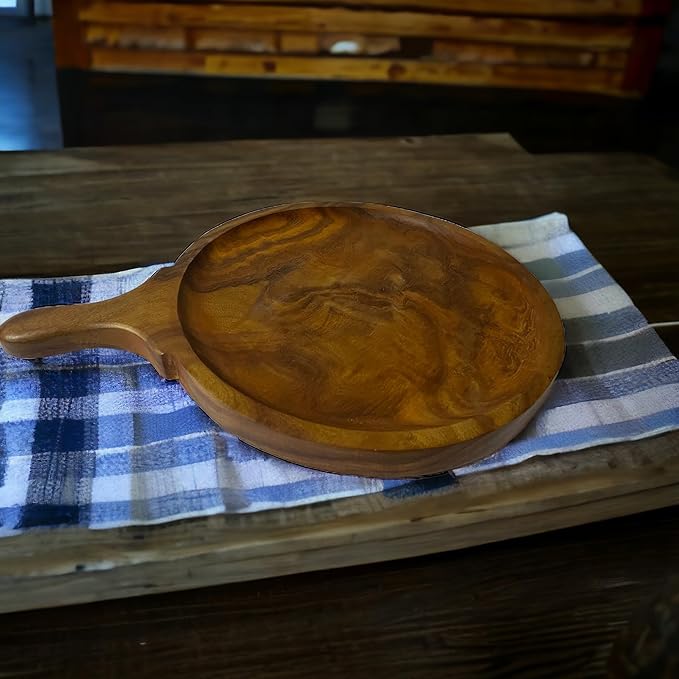 Rosewood Pizza Tray and Multipurpose Kitchen Round Cutting, Serving Board with Handle for Home, Restaurants - 12Inch, Brown