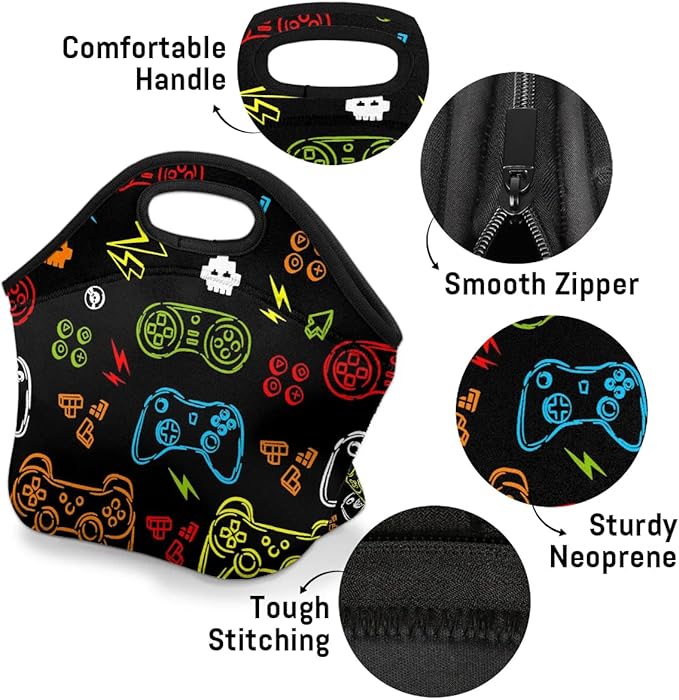 Kids Lunch Box for Boys Girls Video Games Insulated Neoprene Children Lunch Bags Sturdy Soft Bag & Reusable Cooler Lunch Thermal Meal Tote Kit for School