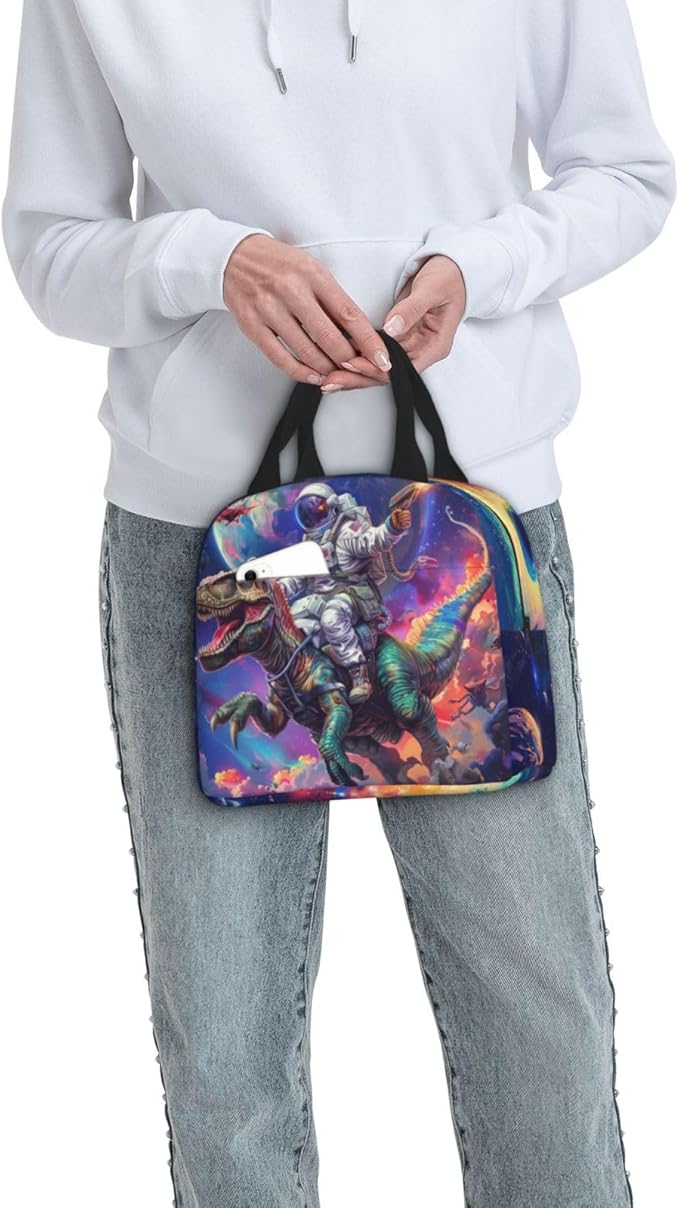 Yudchen Astronaut Riding Dinosaur Lunch Box 3D Cool Dinosaur Insulated Lunch Bag for Kids Women Men Reusable Cooler Space Lunch Tote Bag for Girls Boys Students School Picnic Travel Office