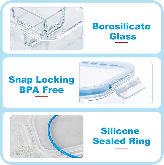 BAYZZ 5 Pack 35 Oz Glass Meal Prep Containers 3 Compartments, Glass Food Storage Containers with Lids, Airtight Bento Box Lunch Container-Microwave, Freezer & Dishwasher Safe, Blue