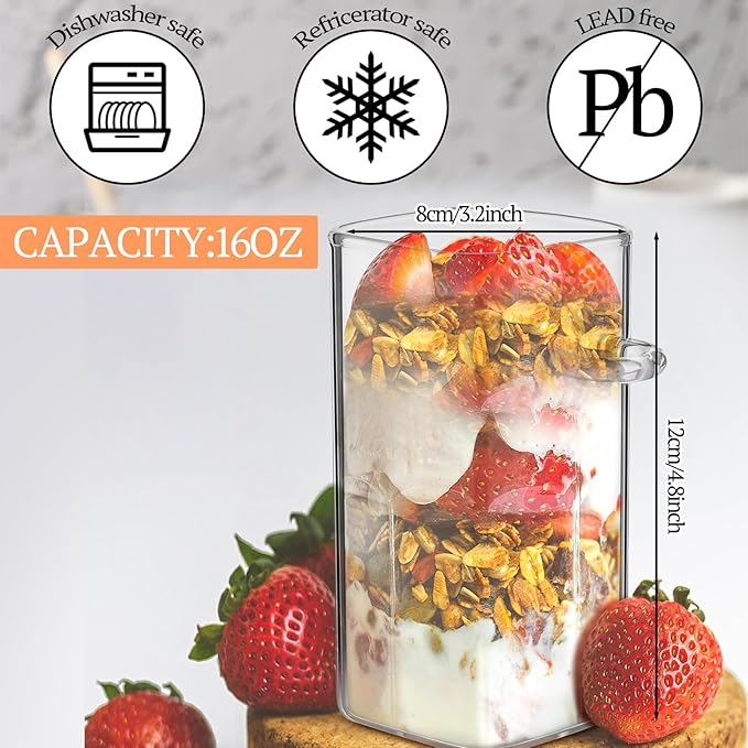 Pickmesh 4 Pcs Overnight Oats Containers with Lids Overnight Oats Jars Oatmeal Cups Square Glass Meal Prep Container with Bamboo Lids and Spoons Glass Jar for Pudding Yogurt (Square Style,16oz)
