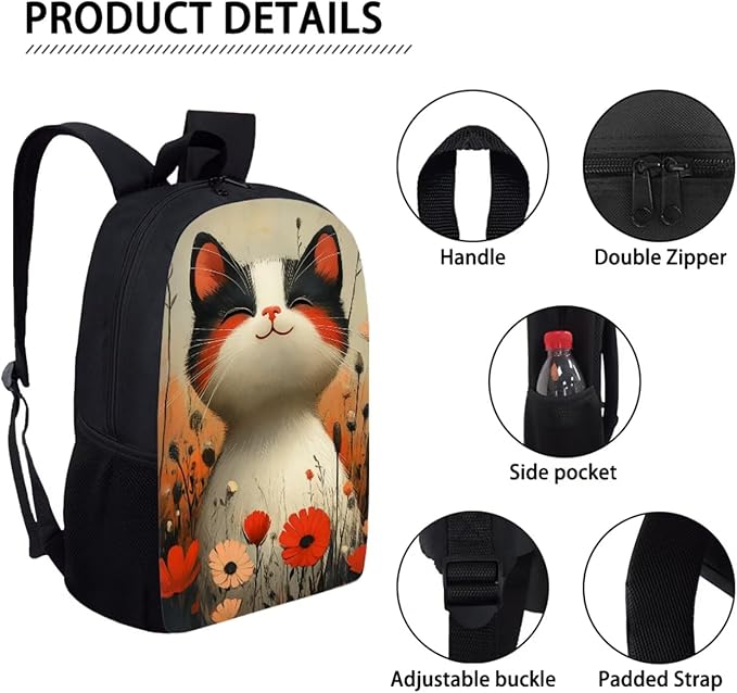 Dolyues Flower Cat Adorable Girls Backpack Set: 17 Inch Cute School Backpack, Insulated Lunch Bag & Pencil Case for Kids - Perfect for Elementary Students & Daily Use