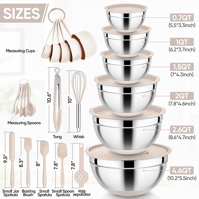 E-far 25PCS Mixing Bowls with Lid Set, Stainless Steel Nesting Prep Bowls with Grater Attachments Kitchen Gadgets Non-Slip Bottoms for Cooking, Serving, Food Storage, 4.6/2.6/2/1.5/1/0.7QT - Khaki