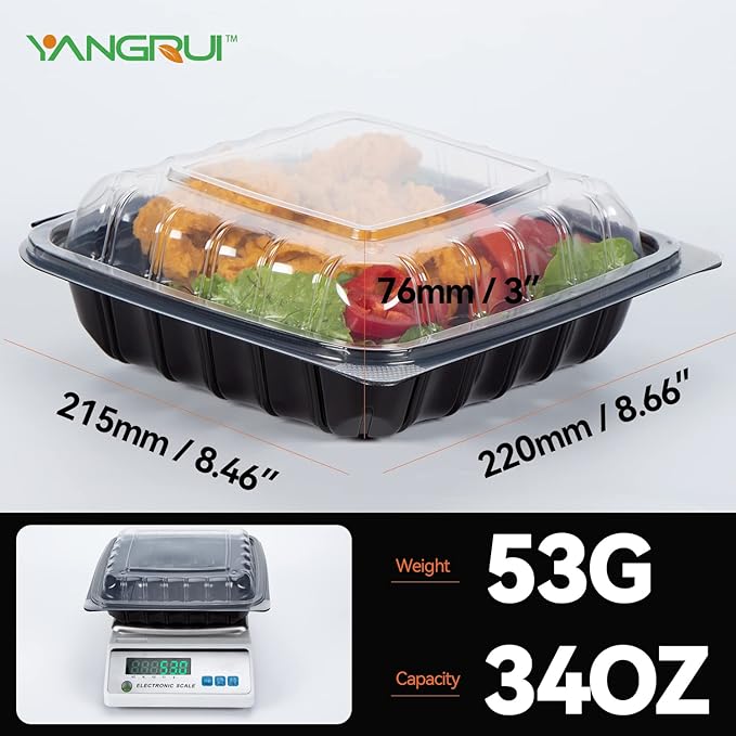 YANGRUI To Go Containers, Reusable Anti-Fog Shrink Wrap 25 Pack 34 oz 8 Inch Meal Prep Container BPA Free Microwave Freezer Safe Hinged Clamshell Take Out Containers
