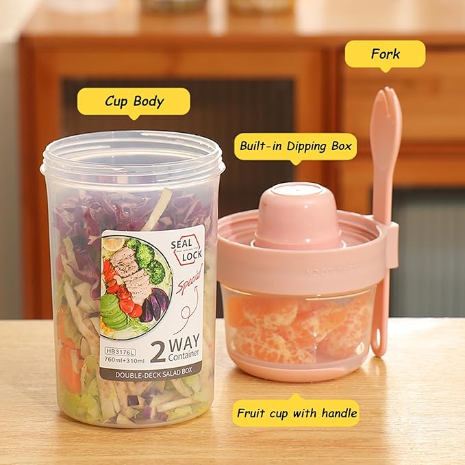 2 Pack Reusable Leak-Proof Overnight Oats Container with Dual-Layer Compartment, Built-in Dipping Box, with Spoon & Airtight Lids, Meal Prep Jar for Yogurt Parfait, Chia Pudding (Pink)