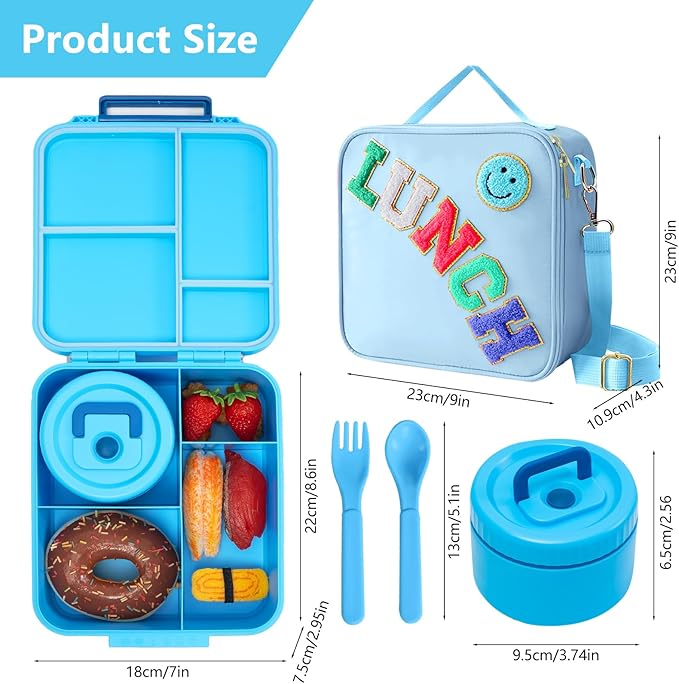 Bento Lunch Box for Kids with 8.5oz Soup Thermo, Kids Leakproof Lunch Food Containers with 4 Compartment, Blue Nylon Insulated Lunch Bag Adjustable Strap for Girl Teens School Travel Picnic