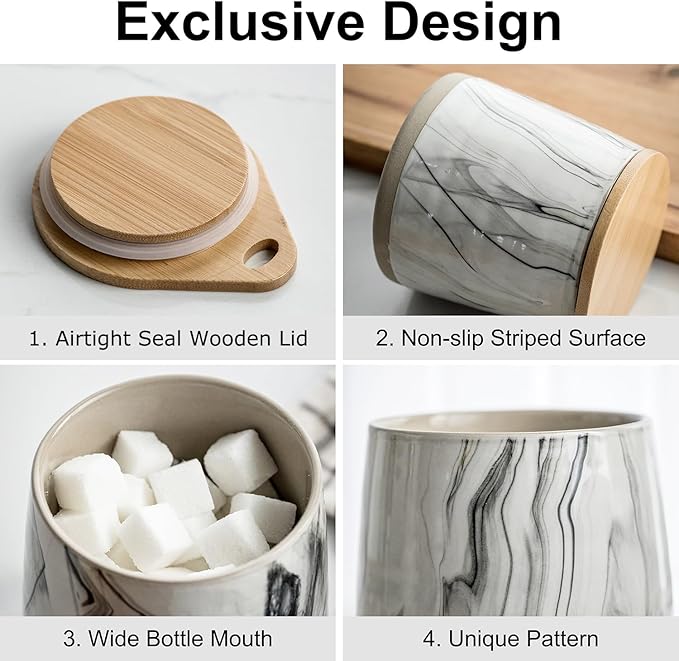 Sugar Jar Salt Container with Spoon, Condiment Spice Jars with Wooden Lids, Ceramic Sugar Bowls Canisters for Coffee Bar Station Kitchen Storage for Candy, Coffee Bean, Pepper - Marble Design