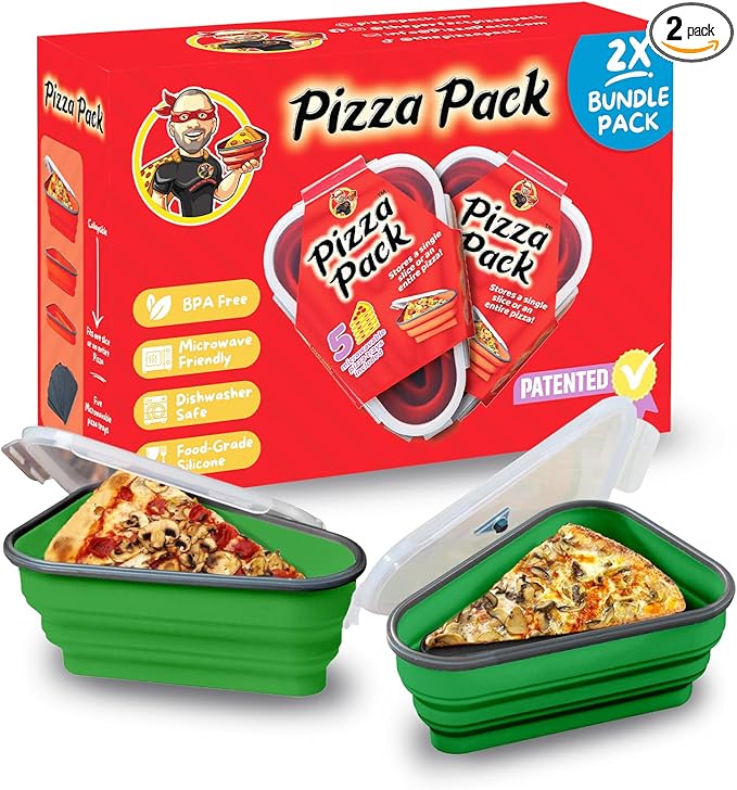 PIZZA PACK The Perfect Reusable Pizza Storage Container with 5 Microwavable Serving Trays - BPA-Free Adjustable Pizza Slice Container to Organize & Save Space, 2 Pack, Green
