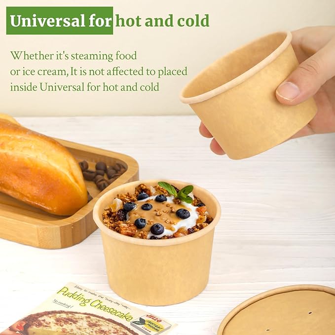 8 Oz Compostable Paper Soup Cups, 50 Pack Kraft Paper Soup Cups, Disposable Paper Soup Containers with Vented Lids, Microwave Safe Party Cups, Eco Friendly Alternative to Plastic Containers