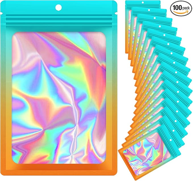 100 Pieces Resealable Mylar Bags, Smell Proof Bags with Clear Window for Food Storage Party Favor Packaging Small Business (Green&Orange, 2.4×4)