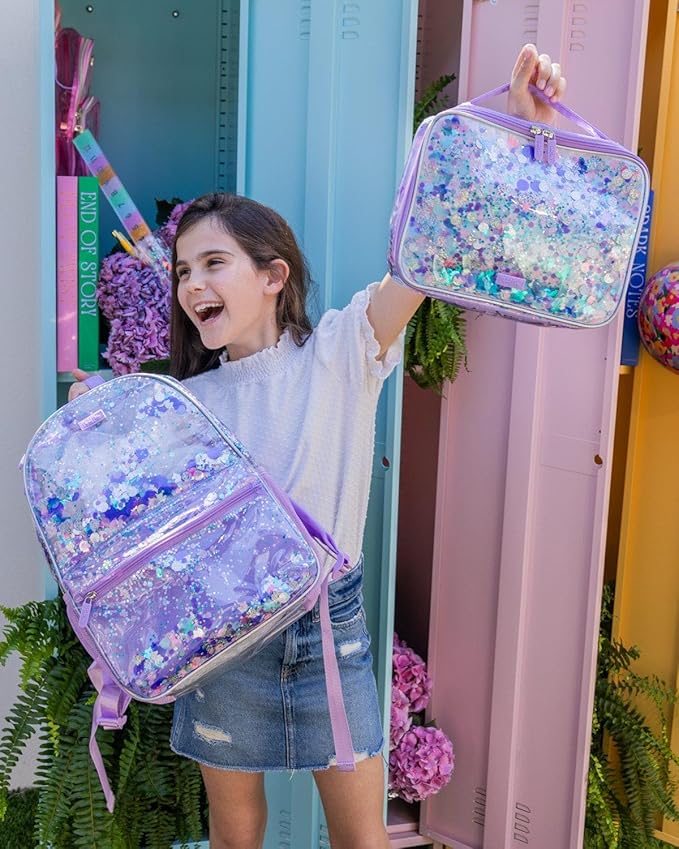 Packed Party Purple Confetti Lunchbox; Cute, Soft Insulated Lunch Bag; Lunch Box Cooler Fits a Water Bottle, Ice Packs for Cold Food, or Hot Food (Purple - Party Like a Unicorn)