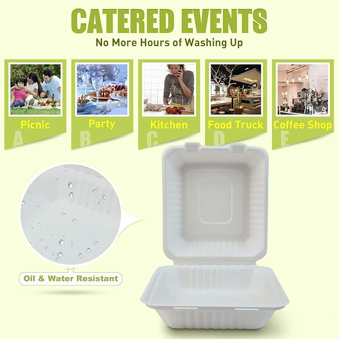 Green Earth 8-Inch, 200-Count, 1-Compartment, Compostable Clamshell, Natural Bagasse (Sugarcane Fiber), Take-Out/to-Go Boxes - Microwave-Safe