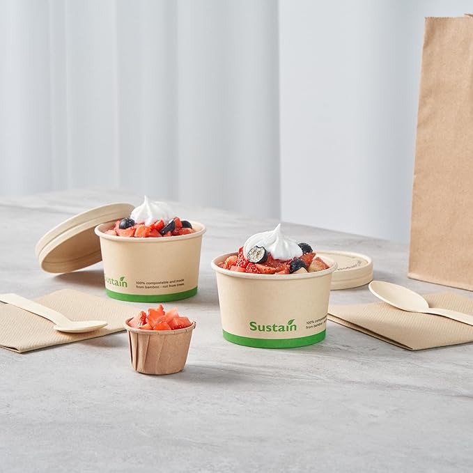 Restaurantware-Sustain 5 Ounce Paper Soup Containers, 50 Disposable Ice Cream Cups - Lids Sold Separately, With PLA lining, Bamboo To Go Hot Soup Bowls, Compostable, Greaseproof
