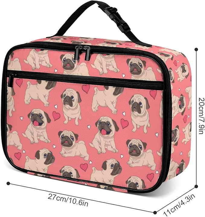 Pugs Puppies Reusable Lunch Box Insulated Lunch Bag Cooler Bag Lunchbox Meal Food Container Tote Bag for Women Kids Girls School Camping Hiking Picnic Beach Travel