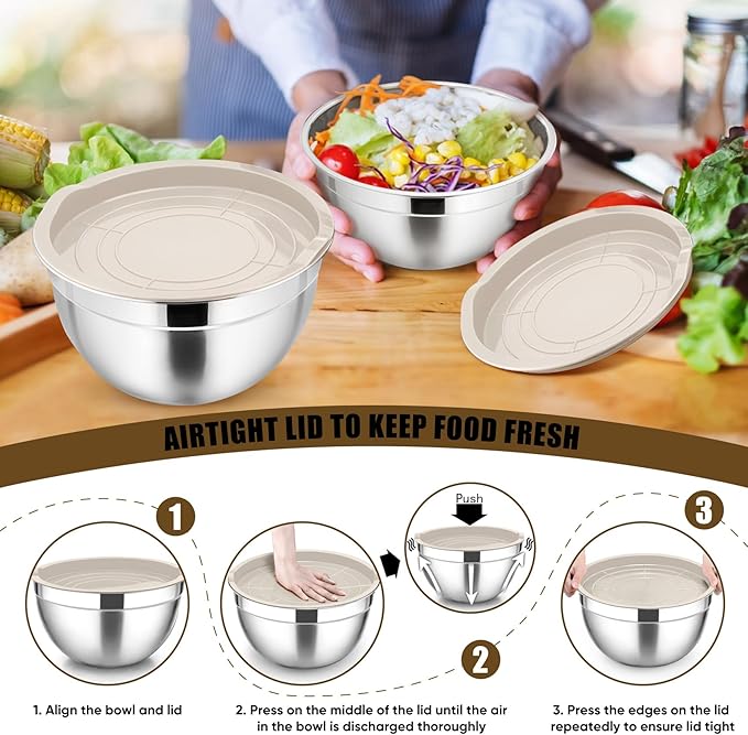 P&P CHEF Mixing Bowl with Lid Set of 5, 10-Piece Stainless Steel Nesting Salad Bowl Set for Prepping, Mixing and Serving, Size 4.6, 3, 1.5, 1, 0.7 QT, Rimmed Edges & Flat Base, Khaki