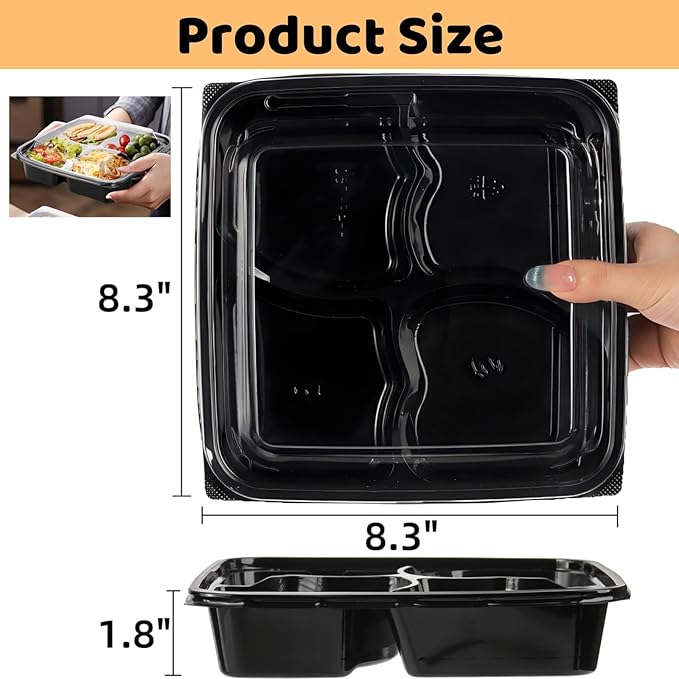 30 Pack (60-Pcs) Meal Prep Containers, 4 Compartment Bento Lunch Box with Lid, Disposable Plastic Food Storage To Go, 34oz Portion Control Take Out Box for Adult, Not Microwave Dishwasher Safe