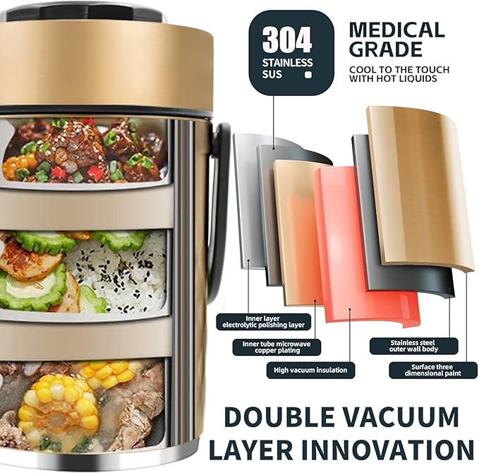 67oz Thermos for Hot Food, 3 Layered Stackable Insulated Lunch Box, Soup Thermos Jar Comes with an insulated bag, suitable for office lunches and outdoor dining, among other uses (Gold)