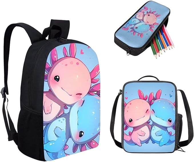 Dolyues Couple Axolotl 3-Piece Backpack Set for School - Includes Travel Backpack, Lunch Box & Pencil Case - Perfect for Middle School, Preschool & Kindergarten