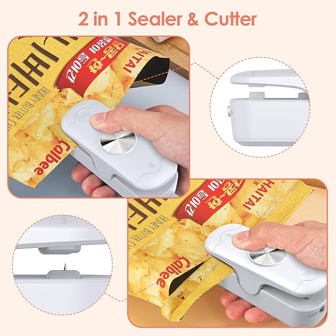 Bag Sealer, 2 in 1 Mini Bag Sealer Heat Seal and Cutter, Portable Chip Bag Sealer Heat Sealer Bag Resealer for Snacks Candies Plastic Bag Food Storage (Batteries Included)