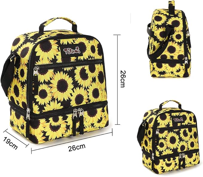Tilami Lunch Bags Insulated Adjustable Strap Zipper, Two Compartments Cooler Bags, Bento Bags for Kids Toddlers, Sunflower