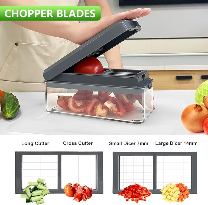 Vegetable Chopper, Onion Chopper Dicer, Mandoline Slicer, Food Chopper with Container, Vegetable Cutter for Salad Potato Carrot Garlic(9 Blades, Grey)