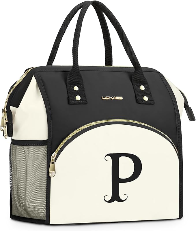 Personalized Lunch Bag for Women, Preppy Reusable Insulated Initials Lunch Box Gift for Friend Large Wide-Open Water Resistant Adult Cooler Tote Bag for Work, Travel, Picnic - Black P