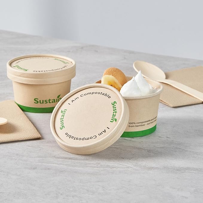 LIDS ONLY: Sustain Round Paper Soup Container Lids, 200 Disposable Ice Cream Cup Lids - Cups Sold Separately, For 3 And 4 Ounce Cups, Bamboo To Go Cup Lids, PLA lining, Compostable - Restaurantware