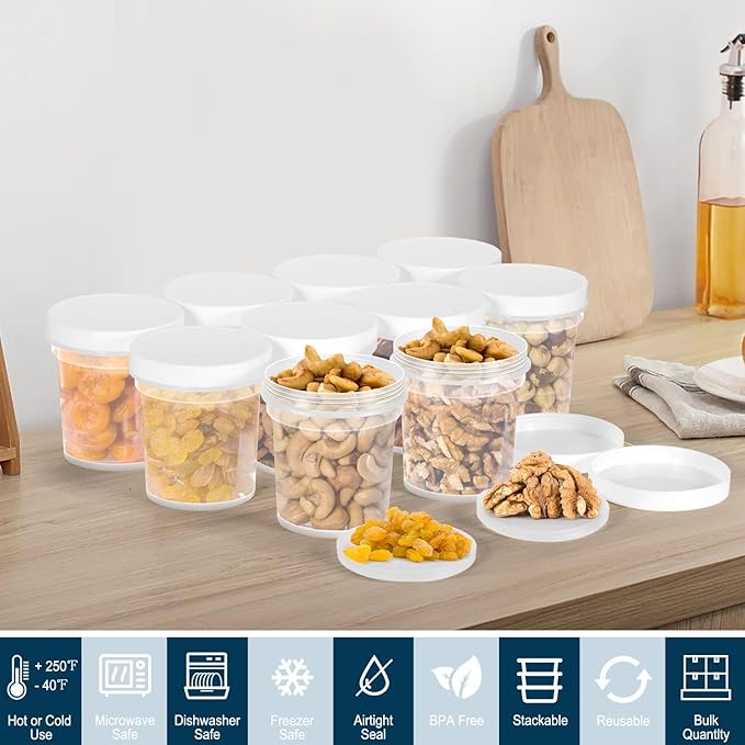 16oz 12Pack Reusable Freezer Food Storage Containers with Airtight Twist Top Lid. Overnight Oats Containers with Lids BPA-Free. Plastic Soup Deli Container with Lids Microwave/Dishwasher/Freezer Safe