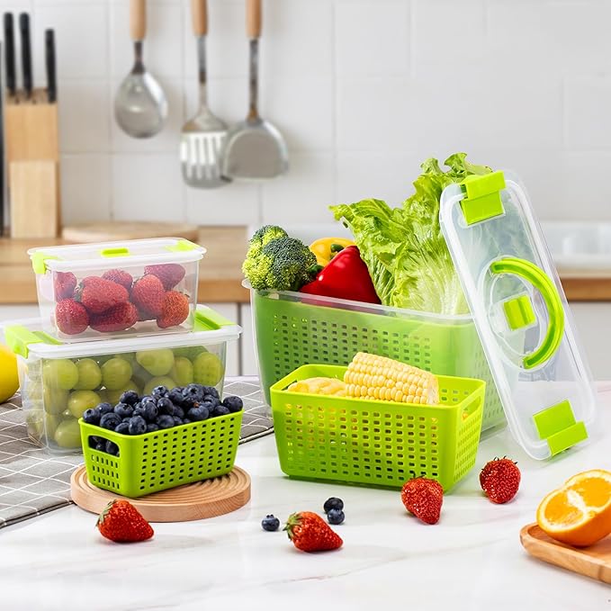 LUXEAR Produce containers for fridge,3 Set Fruit Containers with Removable Colander, BPA-Free Produce Saver Containers with Lids Dishwasher&Microwave Safe Keep Fruits, Vegetables, Berry, Fresh Longer