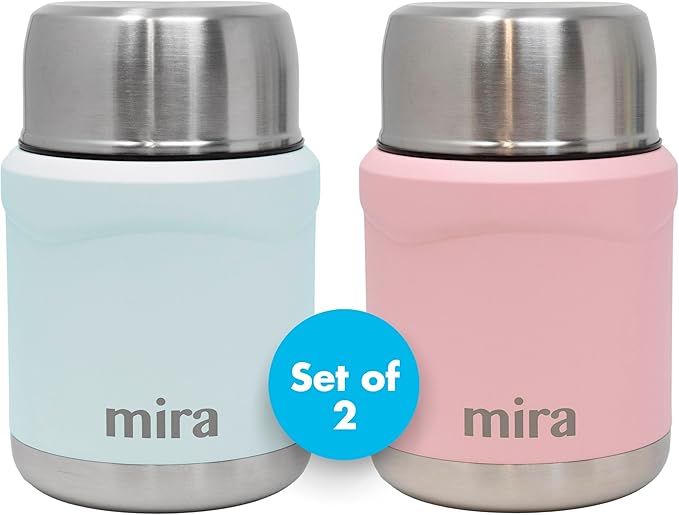 MIRA 2-Pack Food Thermos Set (15 oz) for hot and cold foods - Insulated Stainless Steel Containers with Spoons - Pearl Blue & Rose Pink