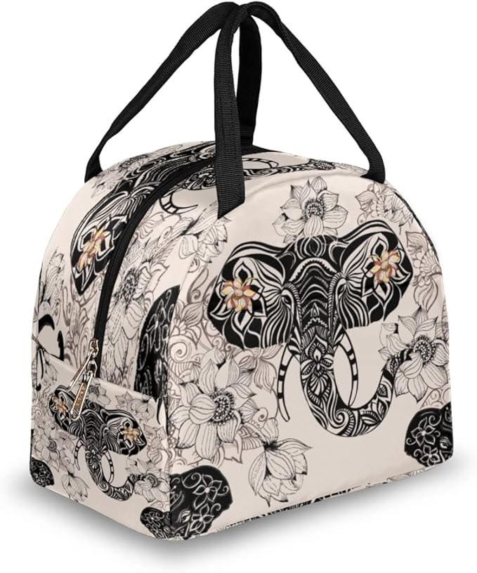 Insulated Lunch Bag for Women Men Elephant Ethnic Flower Waterproof Thermal Tote Bag Reusable Lunch Box Container Lunch Holder Leakproof Lunch Cooler Bag Picnic Travel Work