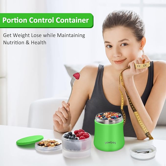 Yogurt Container, Insulated Food Container, 2 In 1 Cereal Cup On The Go,Stainless Steel Insulated Food Jar With Spoon,28oz Thermal Lunch Pot For Soup Yogurt Salad Breakfast Milk Fruit (Green)