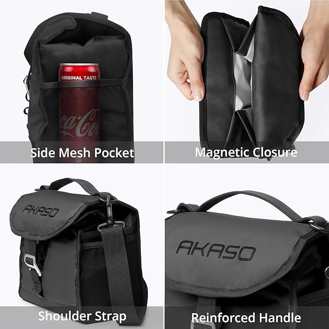 AKASO Insulated Cooler Lunch Bag Packable Lunch Box 12 Can Cooler Bag with Adjustable Shoulder Strap for Office Picnic, Black