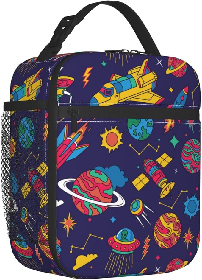 Insulated Lunch Box for Boys Girls Kids Adults Space Lunch Box for Work,Picnic,School,Travel,Hiking,Beach or Fishing Polyester Colorful Spaceship Space Theme Lunch Bag