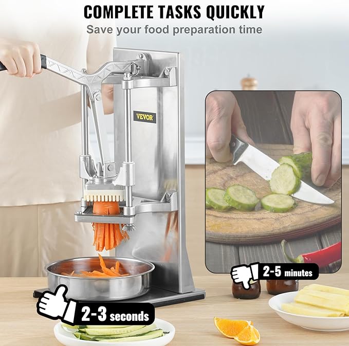 VEVOR Commercial French Fry Cutter with 4 Replacement Blades, 1/4 and 3/8 Blade Easy Dicer Chopper, 6-wedge Slicer and 6-wedge Apple Corer, Lemon Potato Cutter for French Fries with Extended Handle
