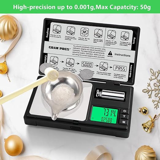 High Precision Milligram Scale,50g/0.001g Digital Mini Pocket Gram Scale,Mg Scale for Weighing Powders,Jewelry, Medicine, Gem, Reloading, with Cal Weight, Tweezer ,Tray and Scoop