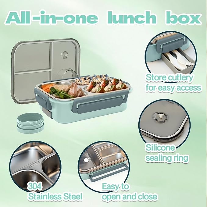Stainless Steel Bento Lunch Food Box Container, Metal Bento Lunch Box Container for Kids or Adults with Lockable Clips to Leak Proof (Green)
