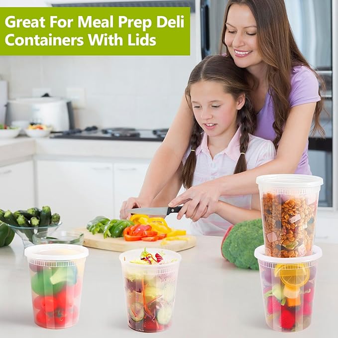 50 Pack Deli Containers with Lids,32oz Plastic Deli Food Storage Containers,Leak Proof Clear Soup Containers With Airtight Lids,Meal Prep Containers,Microwave Dishwasher Freezer Safe
