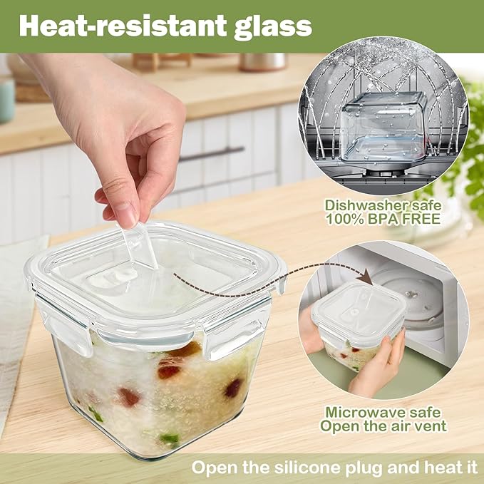 Glass Soup Containers with Lids 32 oz, 4 Cup Borosilicate Glass Food Storage Containers, Microwave & Freezer Safe Jars, Small Square Meal Prep Bowl for Salad, Fruit, Lunch, Ice Cream, Travel, 4 Pack
