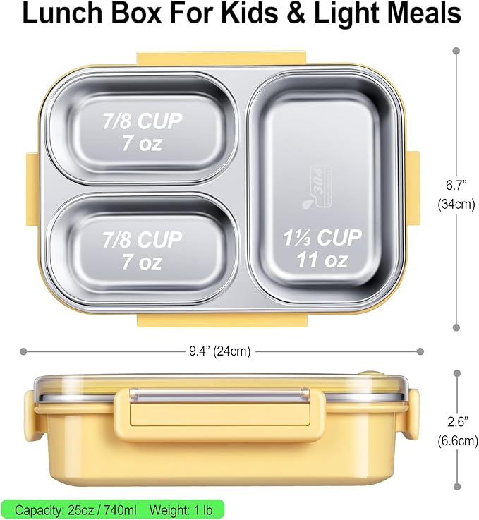Stainless Steel Lunch Box for Kids & Adults - 25 oz - Leakproof 3 Compartment Metal Lunch Container - 18/8 Stainless Steel Bento Box - Ideal for School, Office & Outdoor - Dishwasher Safe (Yellow)