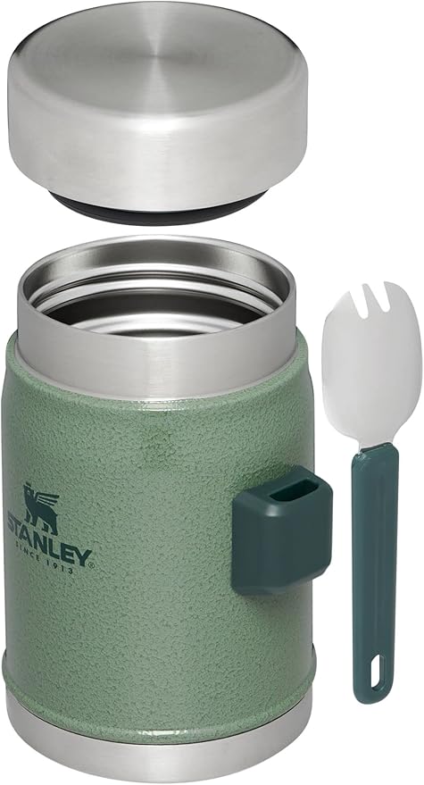 Stanley Classic Food Jar and Spork 14 oz | Vacuum Insulated Thermos Food Container | Wide Mouth Screw On Lid | Packable for Travel | Stainless Steel with Leakproof Lid | BPA-Free | Hammertone Green