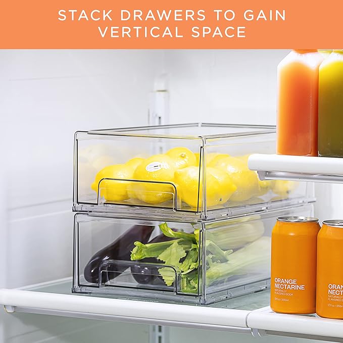 Sorbus Medium Clear Storage Drawers (2 Pack) – Stackable Organizer Drawers for Fridge, Pantry, Kitchen – Pull-Out Storage Bins with Handles, Slide Out Acrylic Drawers