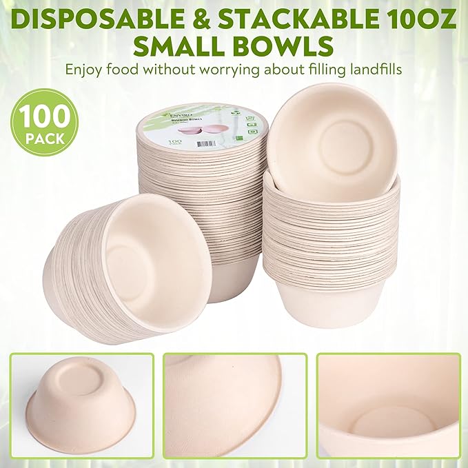 10 Oz Bamboo Disposable Bowls For Hot Soup, 100 Pack - Small, Heavy Duty, Microwavable, Oven Safe - Perfect for Hot Food, Meals, Acai & More - Eco-Friendly, Leak-Proof