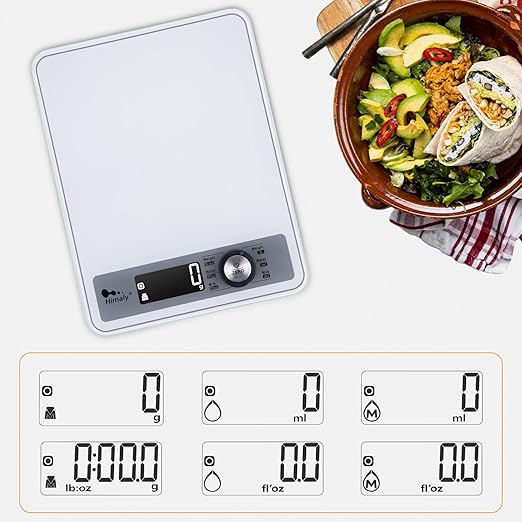 Highly Digital Kitchen Food Scale,LCD Display with Backlight Kitchen Scale,1g/0.1oz Precise Graduation,Measure Water and Milk Volume,5000 g / 11 lb,White