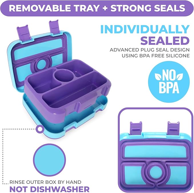 kinsho Bento Lunch Box for Kids Toddlers, 4 Portion Sections Secure Lid, Microwave Safe BPA Free Removable Tray, Pre-School Kid Daycare Lunches Snack Container Ages 3 to 5 Blue Purple